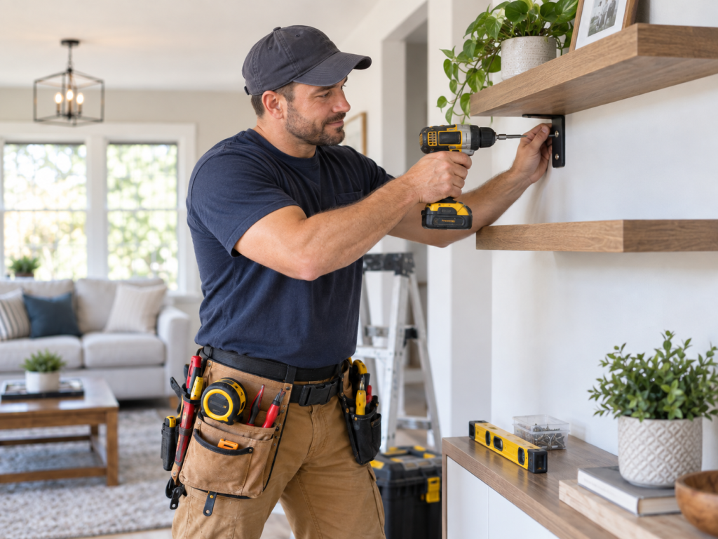 Professional handyman installing a wall shelf with a cordless drill in a bright home