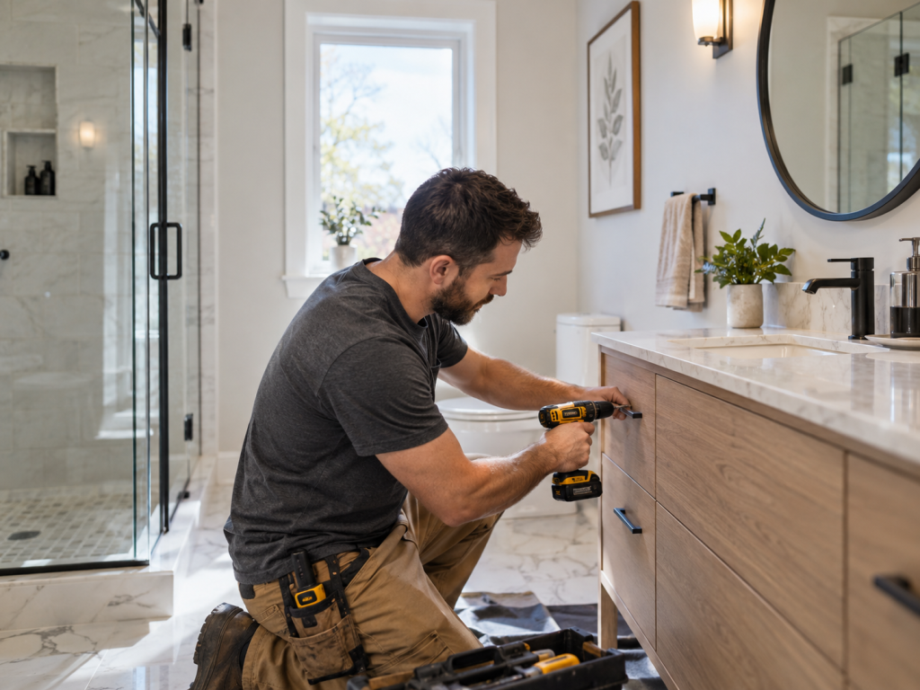 Renovation technician installing a vanity in a modern bathroom