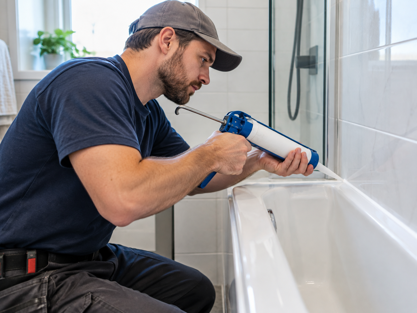 Handyman applying fresh caulking around a bathtub in a modern bathroom