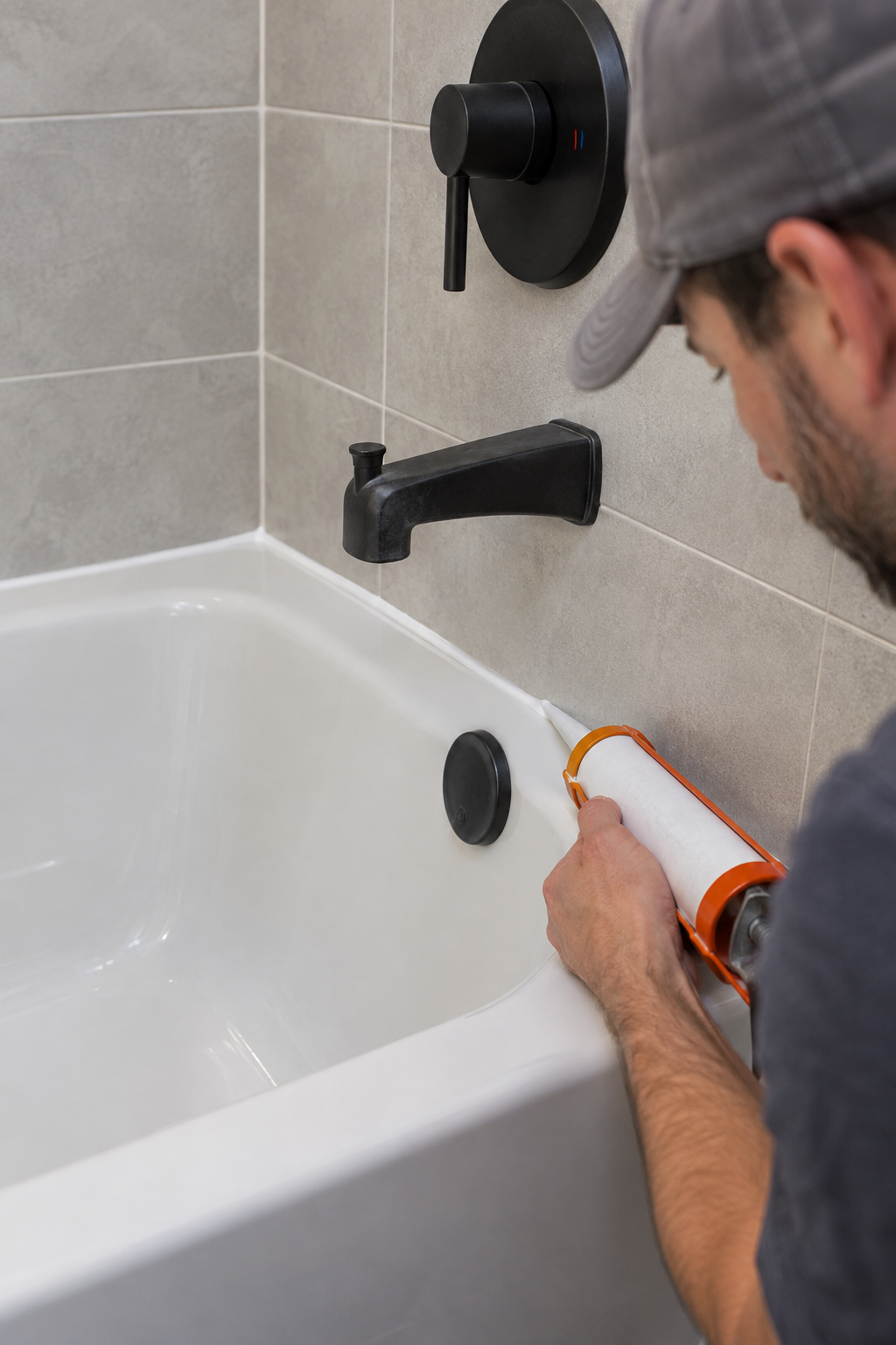 Technician applying caulking around a modern bathtub