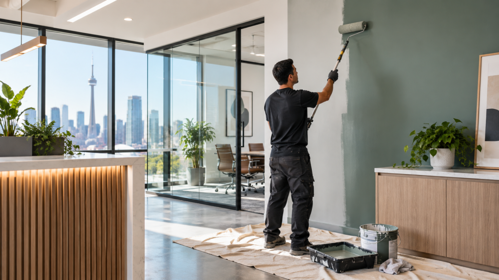 Professional painter refreshing a modern commercial office interior in Toronto