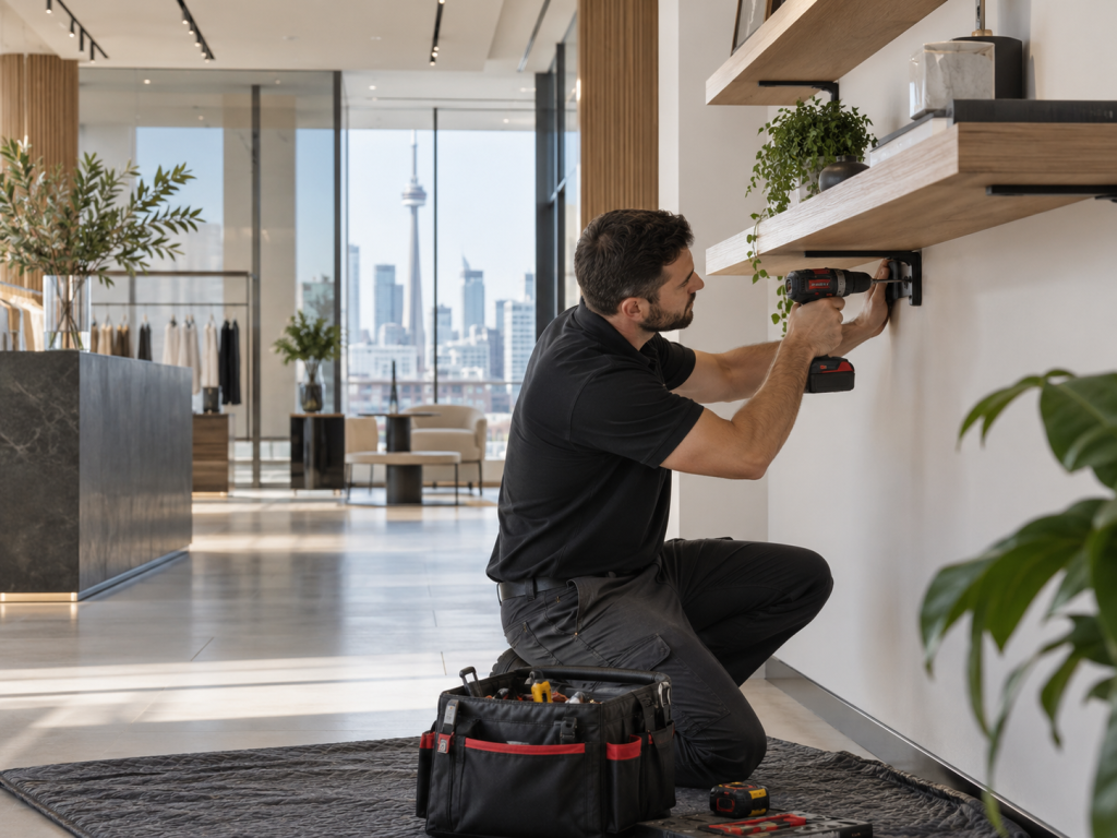 Professional technician installing shelving in a modern commercial showroom