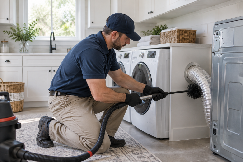 Professional dryer vent cleaning in a bright clean residential laundry room