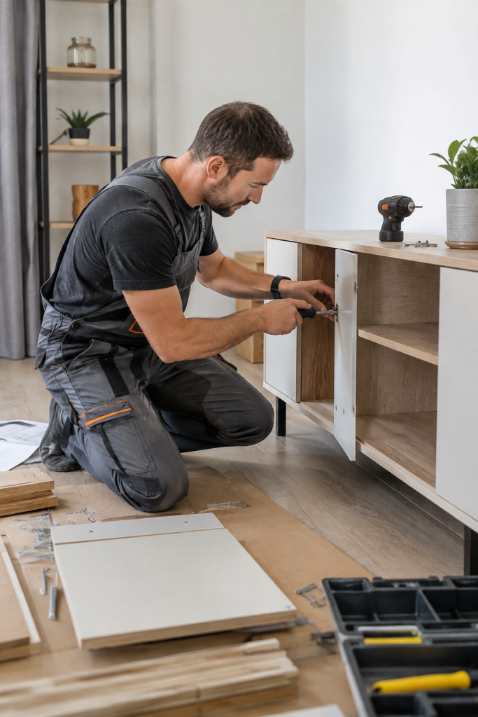 Technician assembling furniture in a modern room