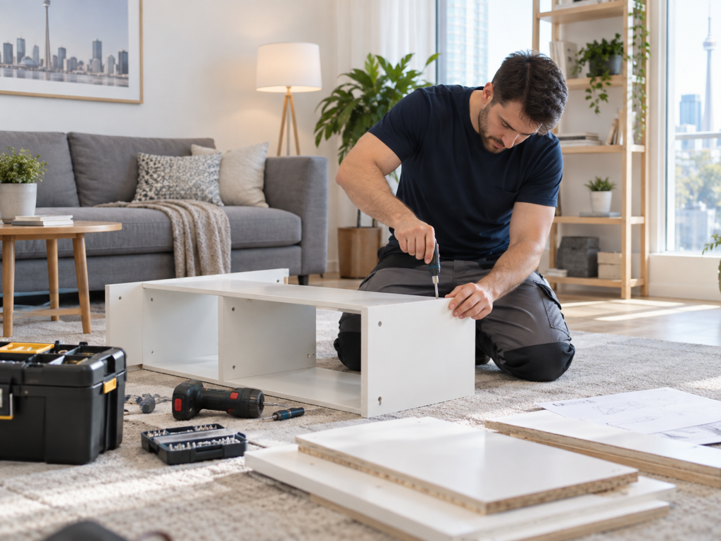 Handyman assembling flat-pack furniture in a bright Toronto GTA living room
