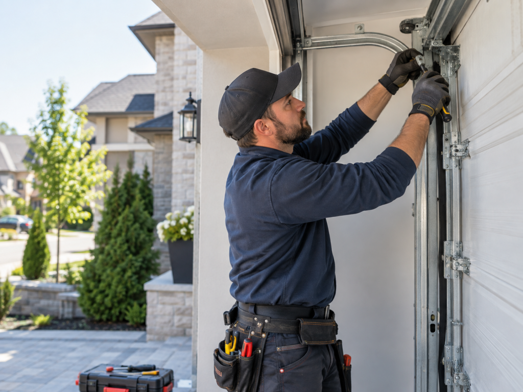 Technician servicing residential garage door hardware in a Toronto GTA home