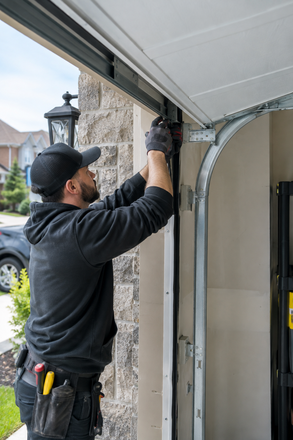 Technician servicing a residential garage door