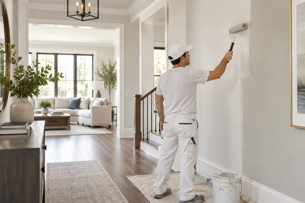 Professional interior painter applying fresh paint in a bright modern residential home