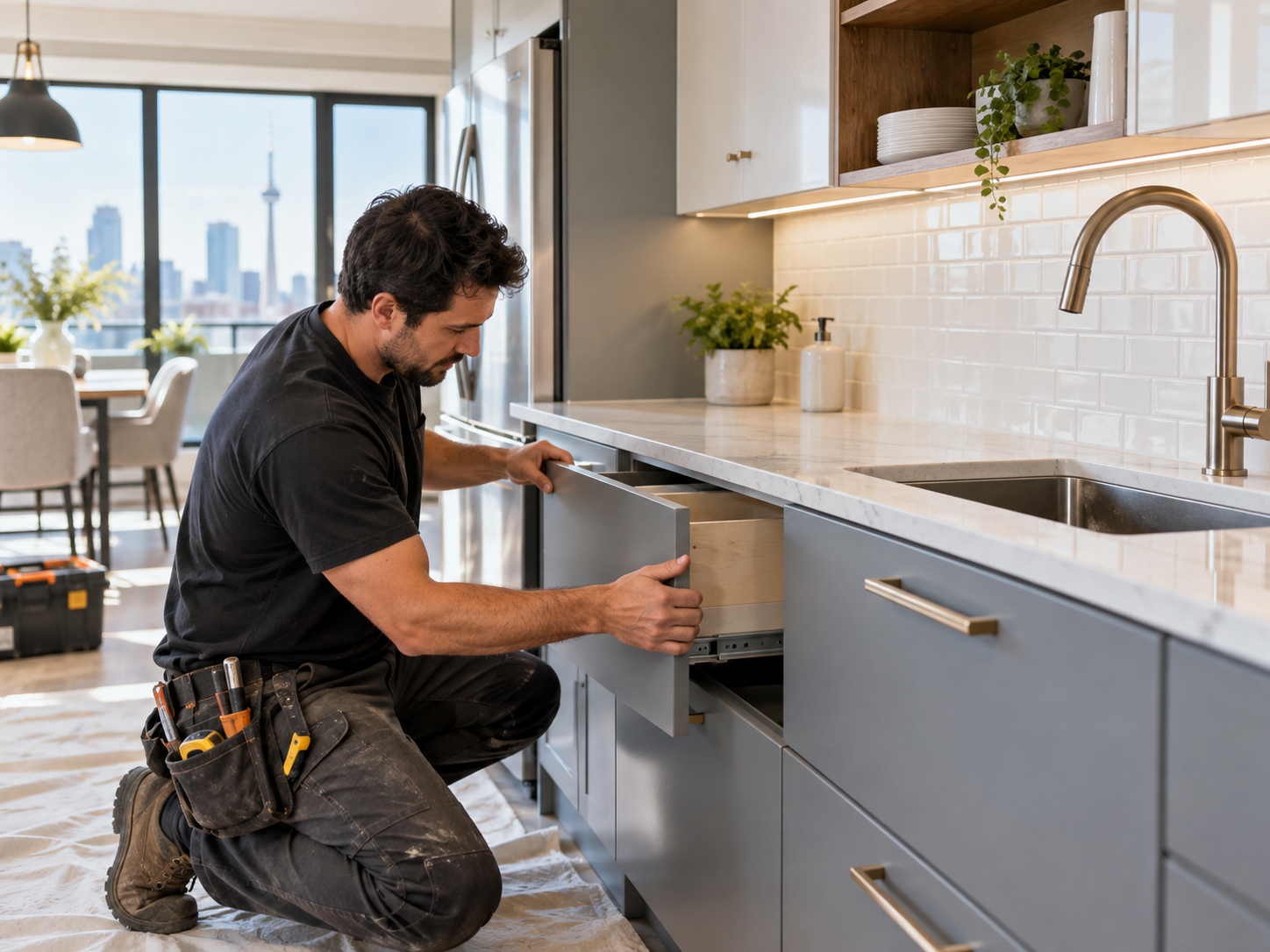 Technician installing and aligning modern kitchen cabinets in Toronto GTA