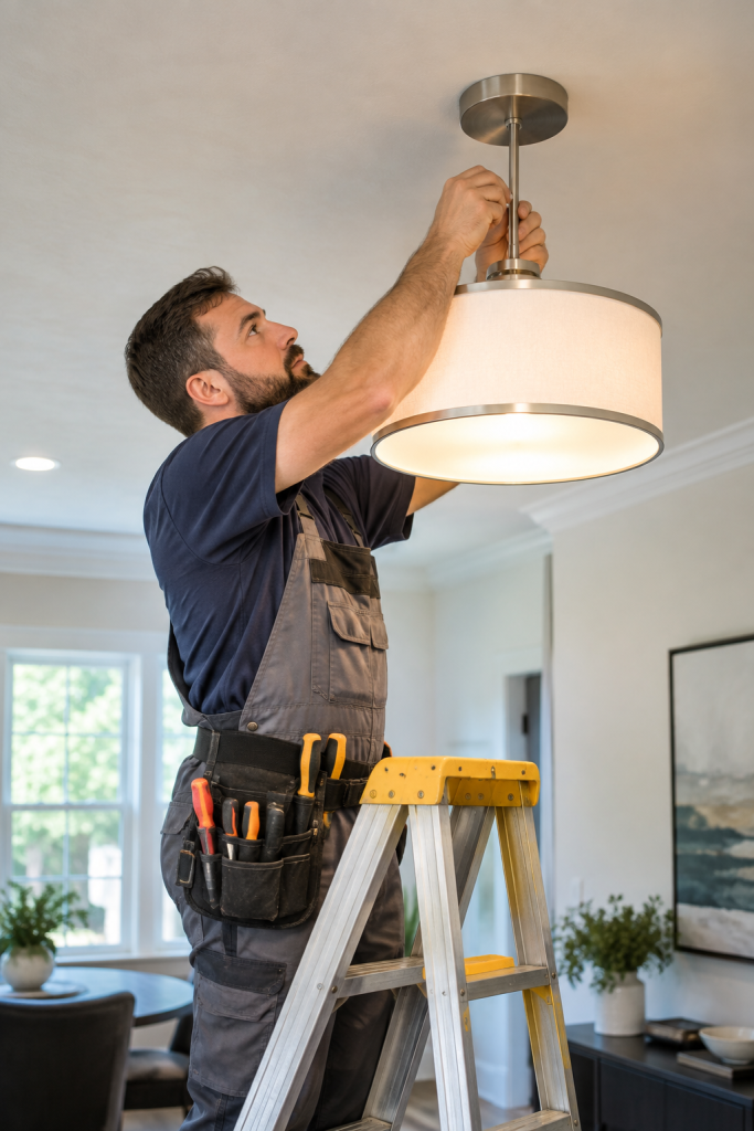 Technician installing a ceiling light fixture in a residential interior