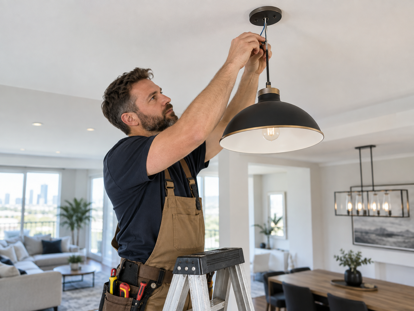Technician installing a pendant light fixture in a modern Toronto GTA home