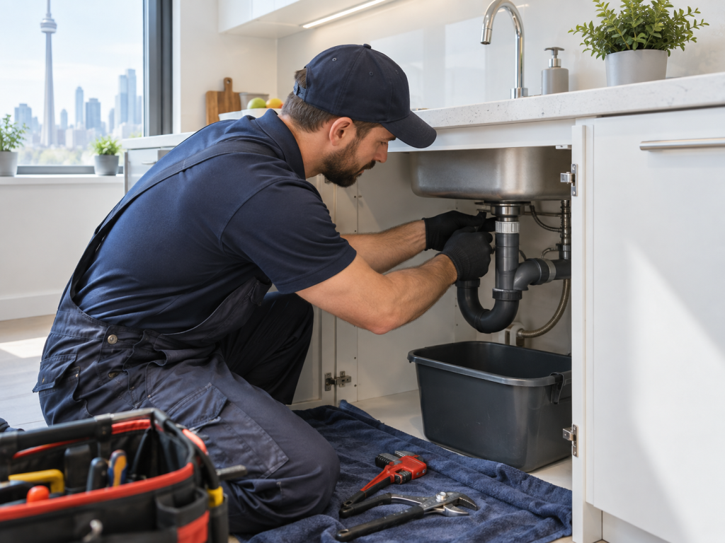 Technician servicing the P-trap and drain under a kitchen sink in Toronto GTA