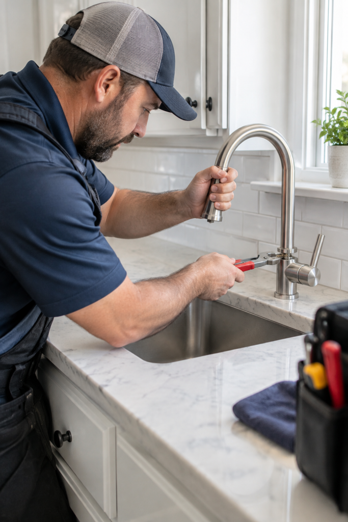 Technician servicing a kitchen faucet and plumbing fixture