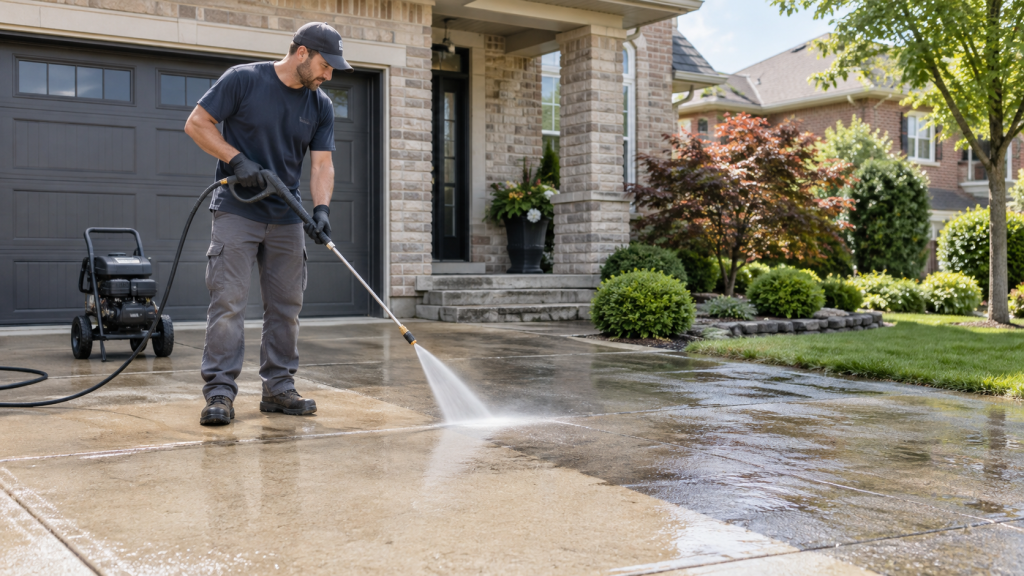 Professional pressure washing of a residential concrete driveway in Toronto and the GTA