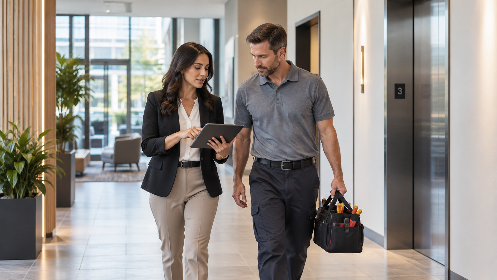 Property manager and maintenance technician reviewing a commercial property