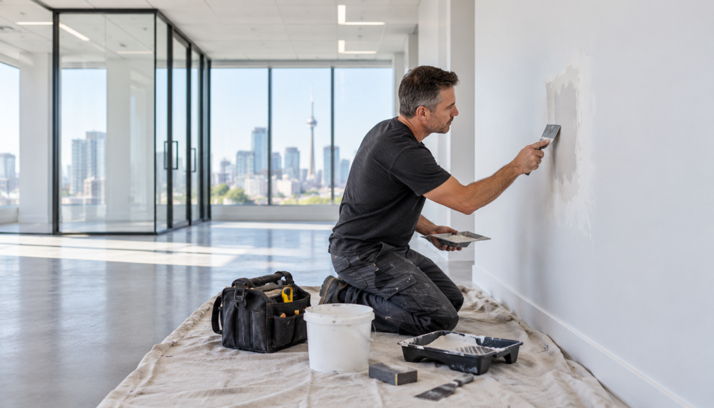 Commercial tenant turnover drywall repair in a modern Toronto office