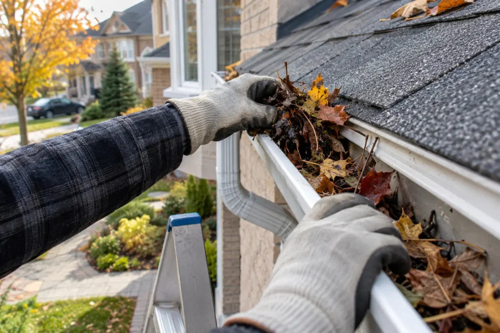 Gloved hands removing leaves and debris from a residential eavestrough
